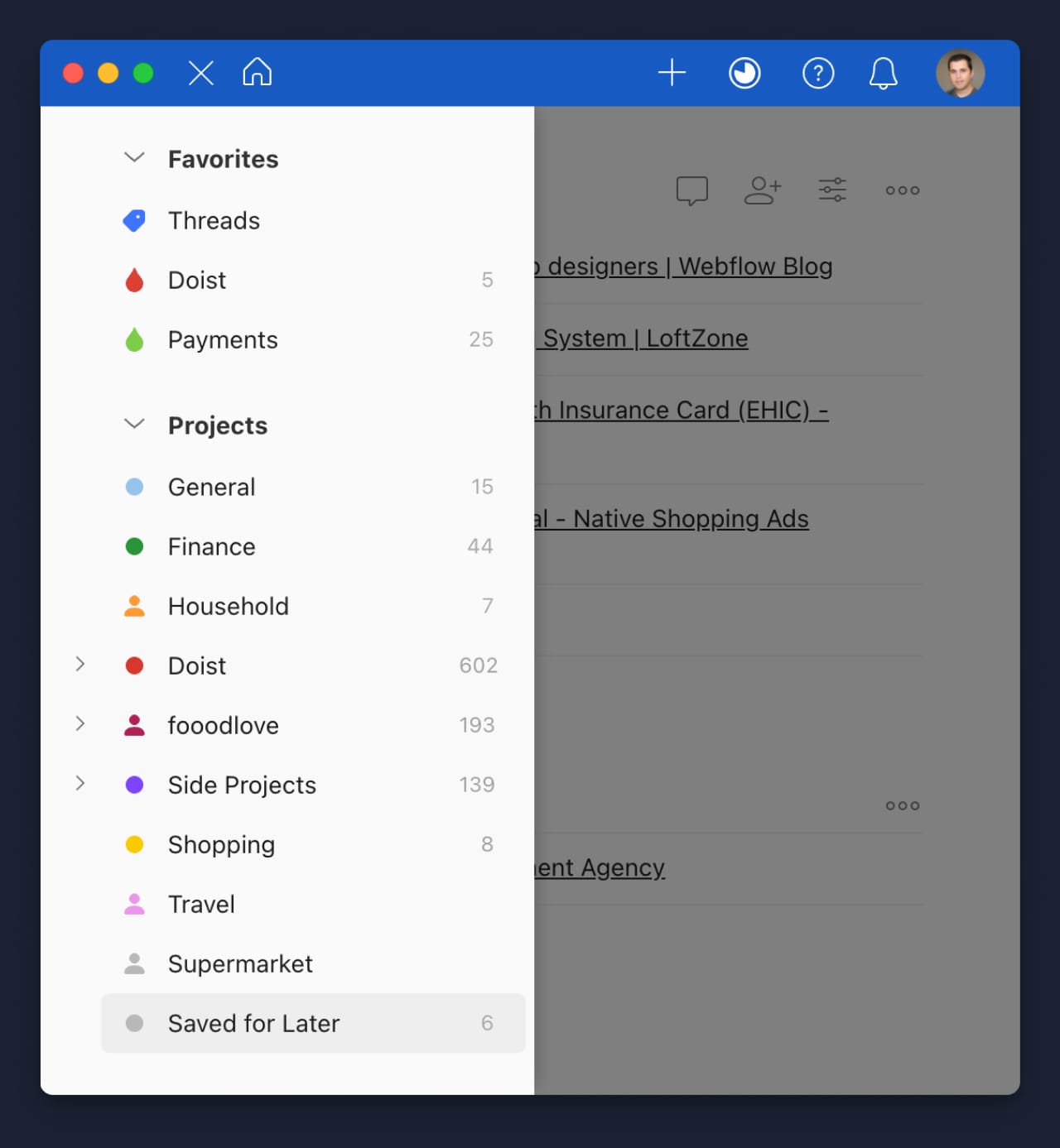 Todoist's sidebar menu