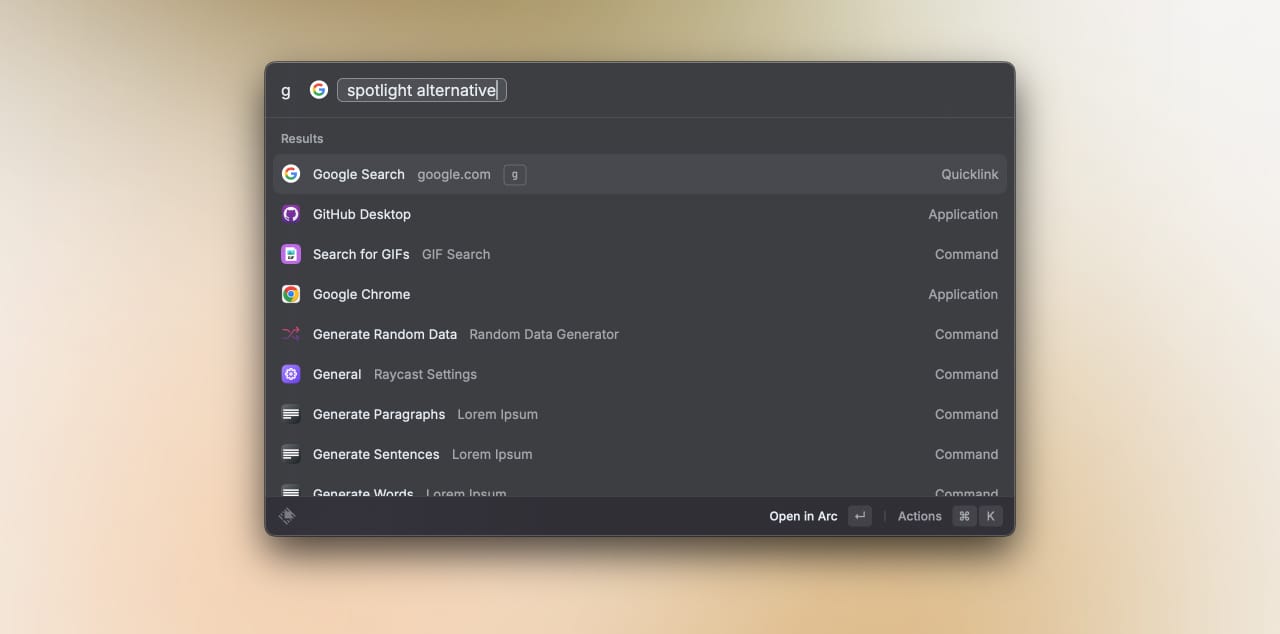 Using Quicklinks in Raycast to query Google