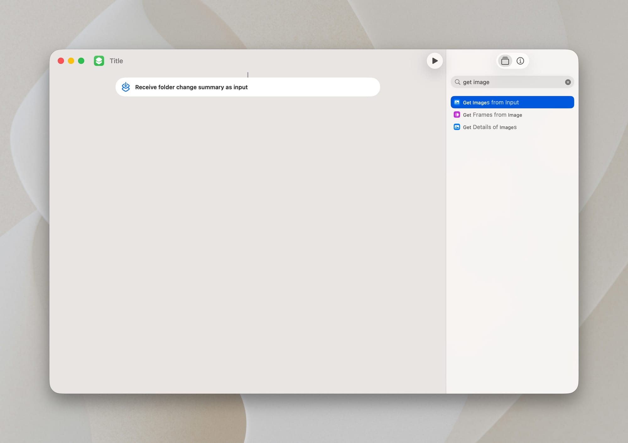 macOS shortcuts editor with get images from input action