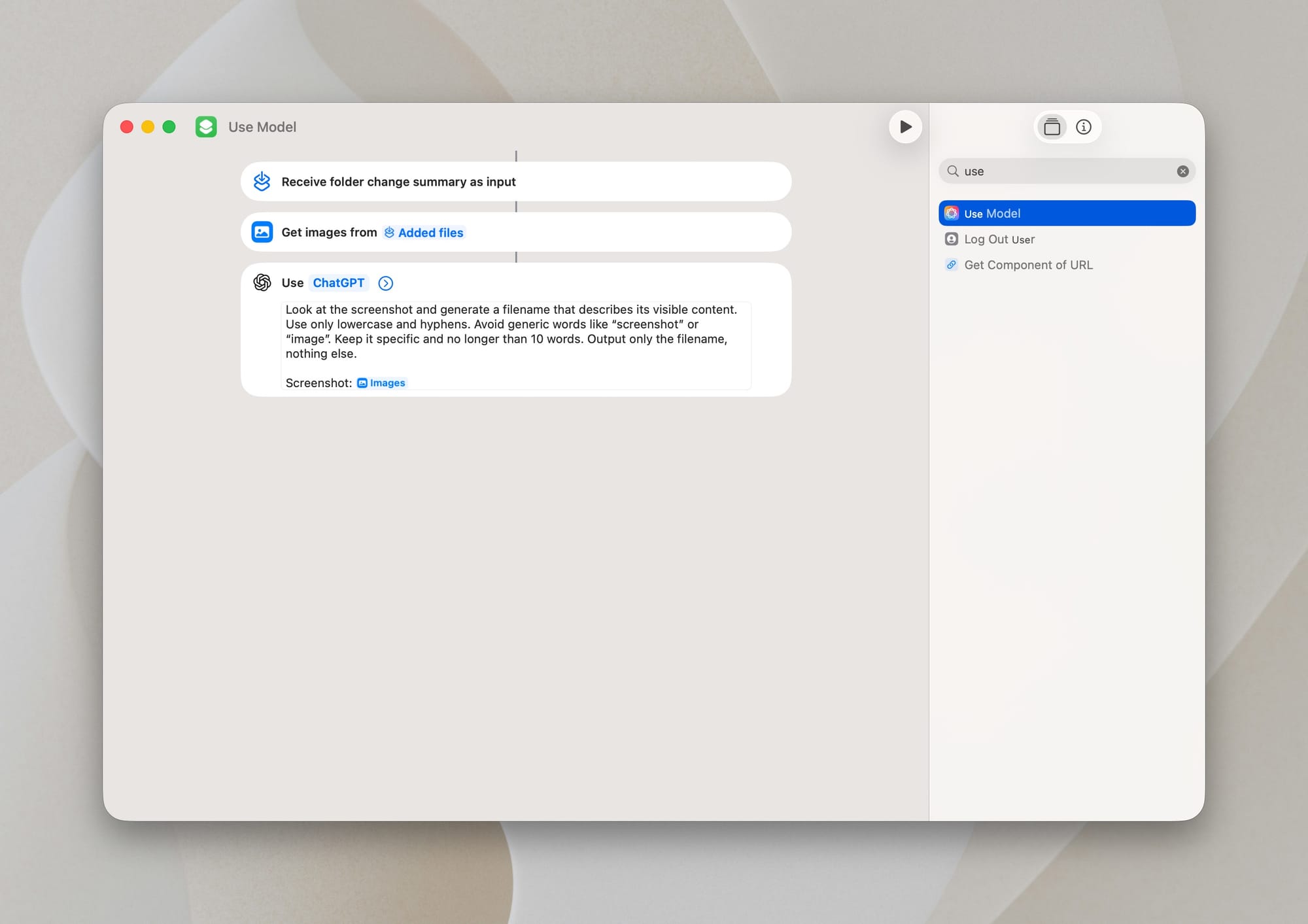 macOS shortcuts use ChatGPT to generate filename action