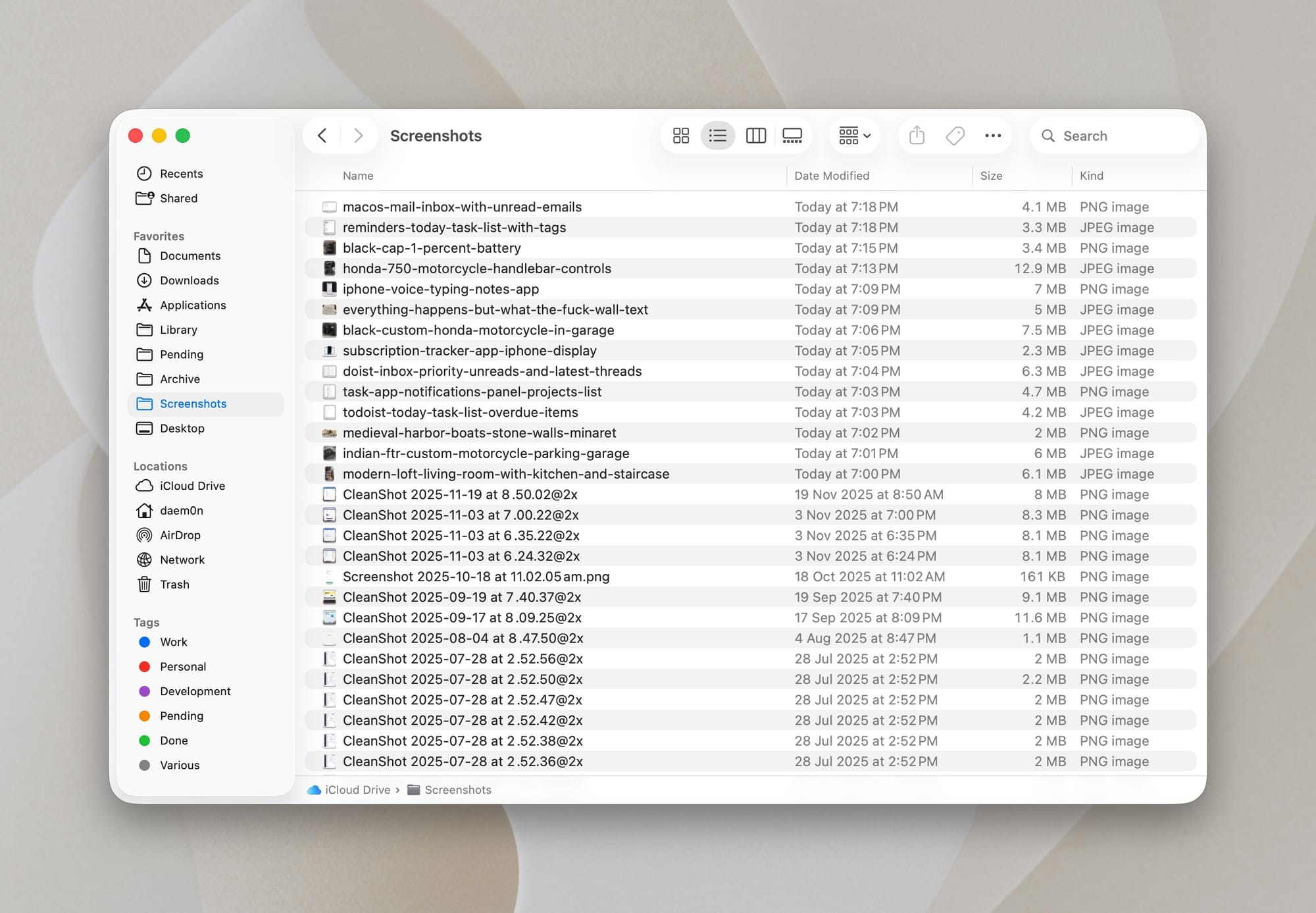 macOS screenshots folder with auto-renamed image files