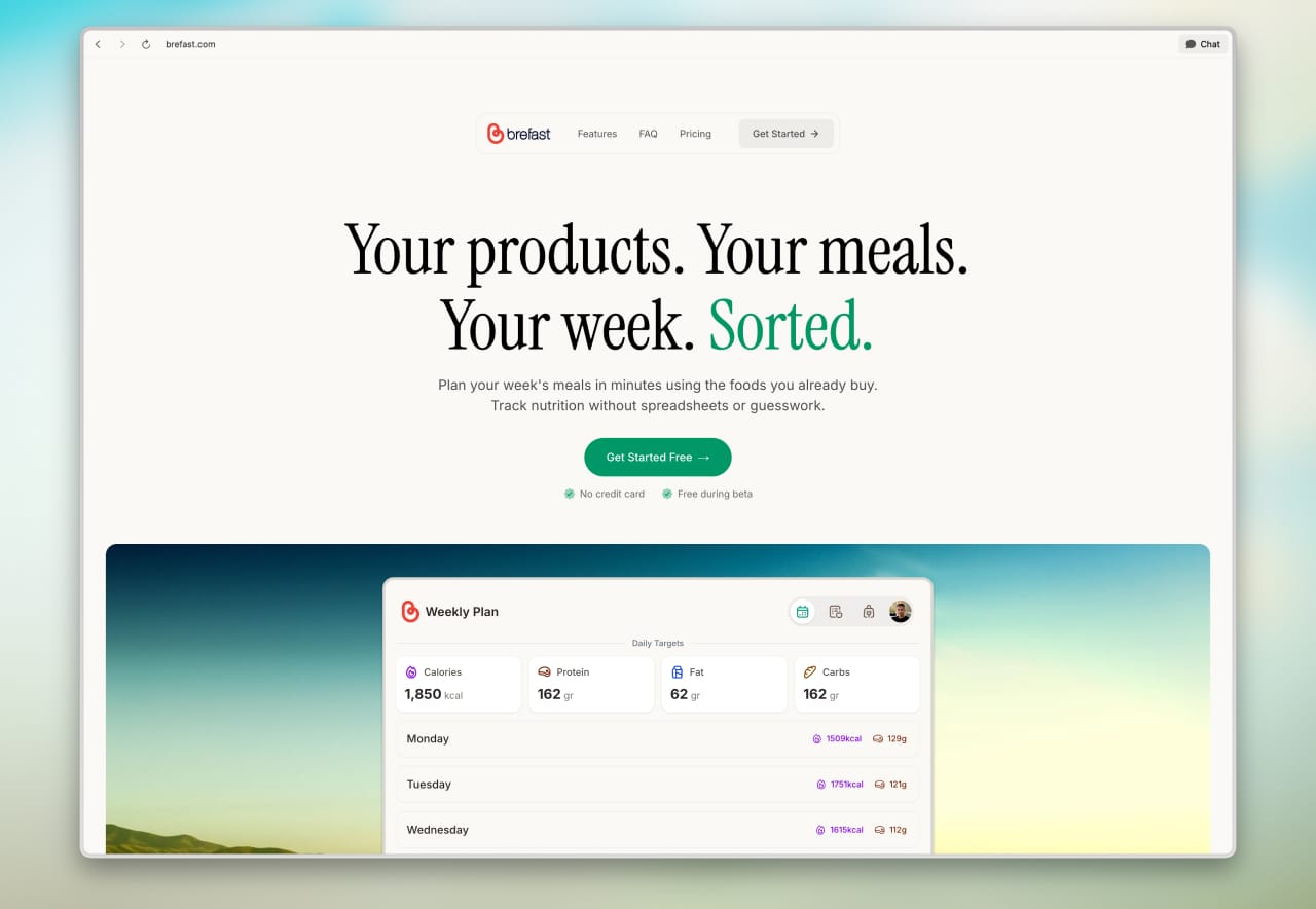 Brefast landing page showing the meal planning app tagline and weekly plan preview