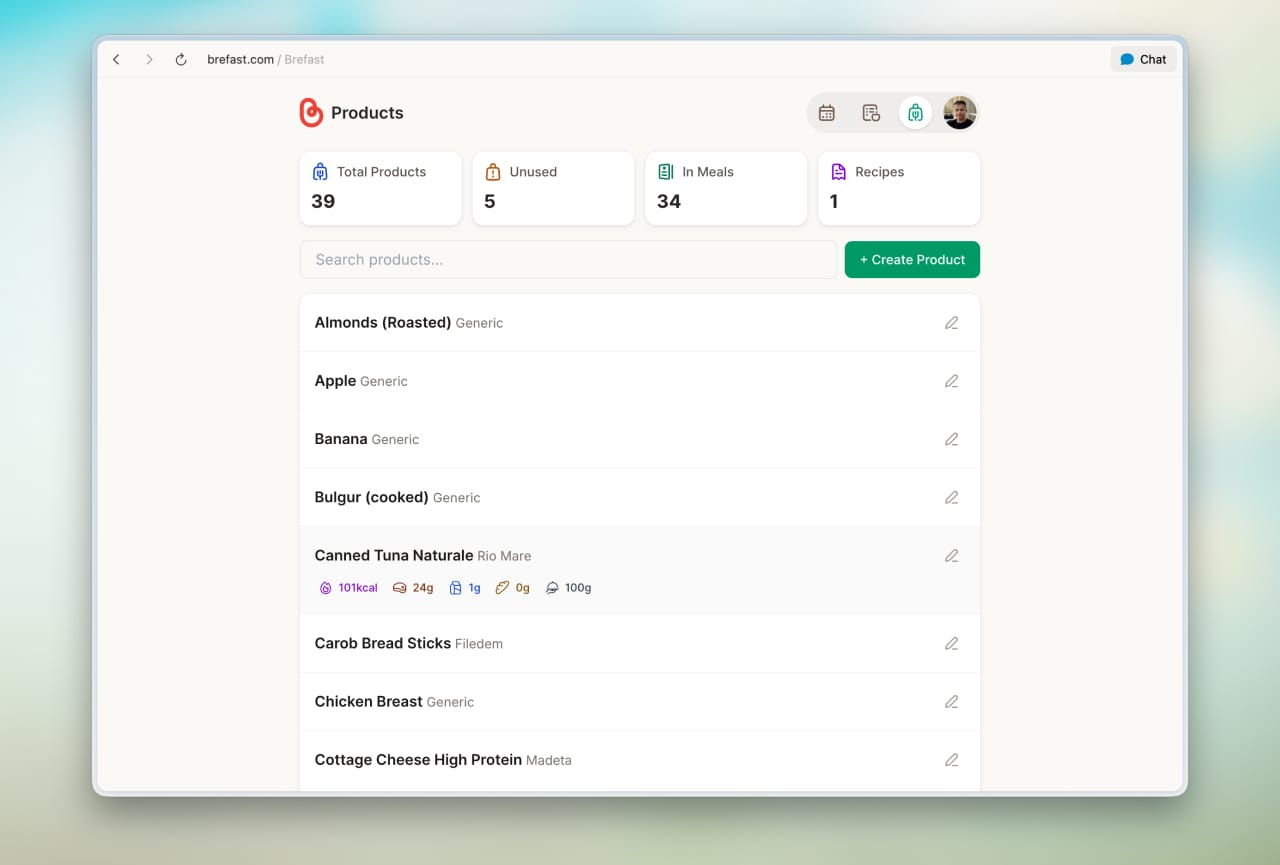 Brefast products screen showing a list of saved food items with macros