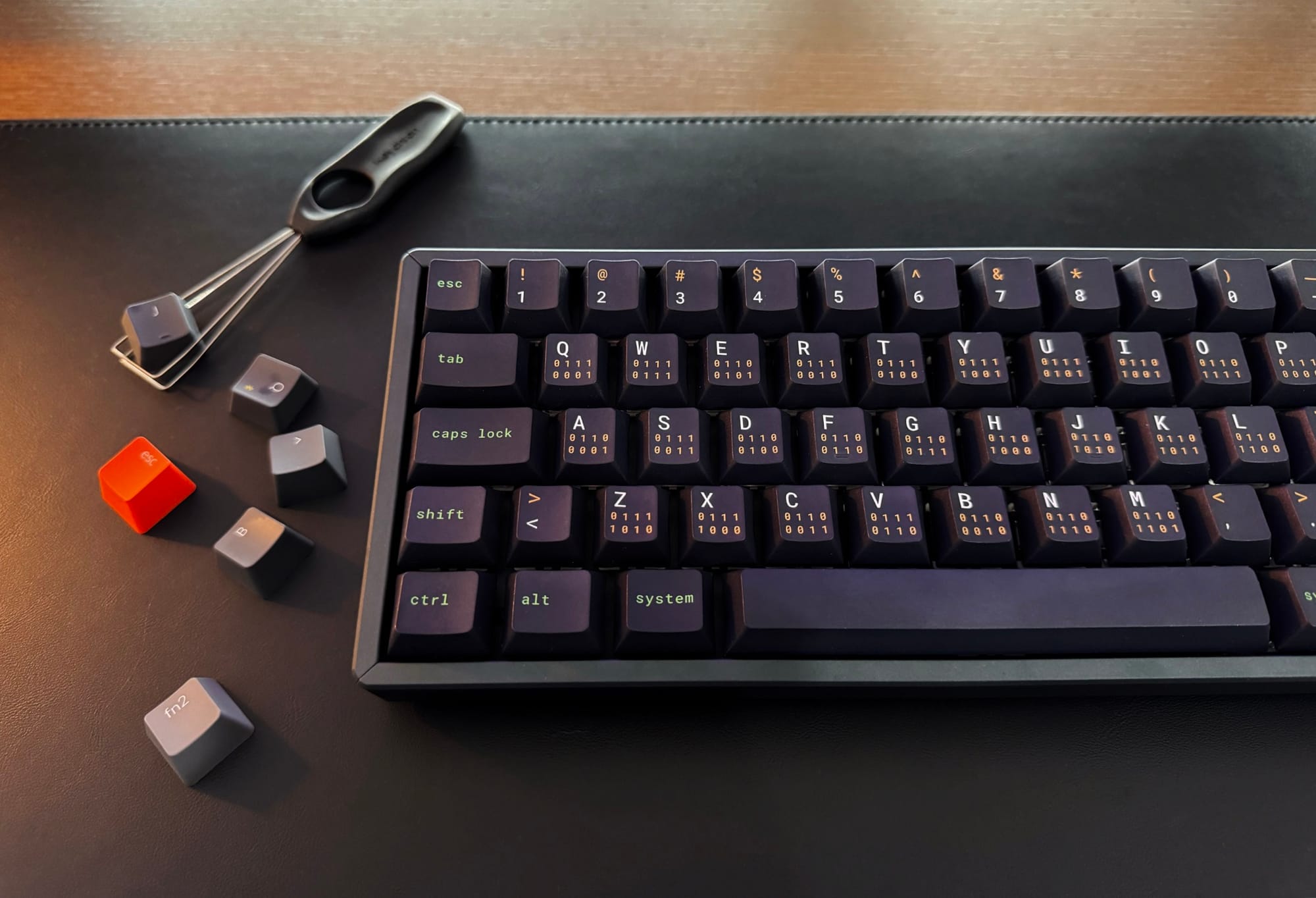 The Keychron K6 keyboard with custom key caps and some extra keycaps scattered on the side