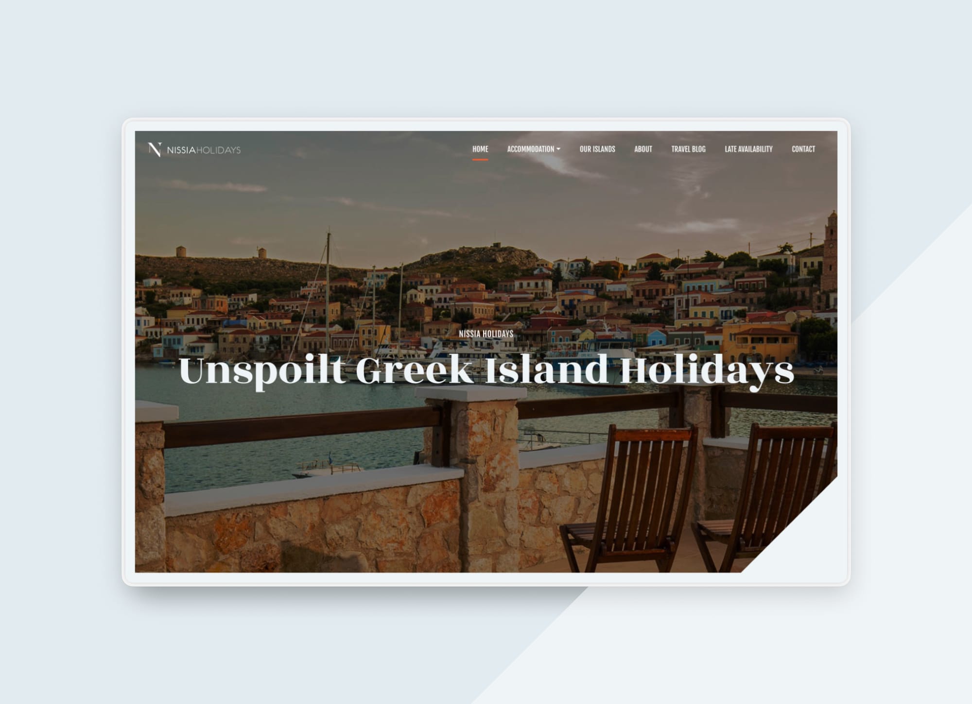 Homepage of Nissia Holidays website featuring a scenic Greek island waterfront
