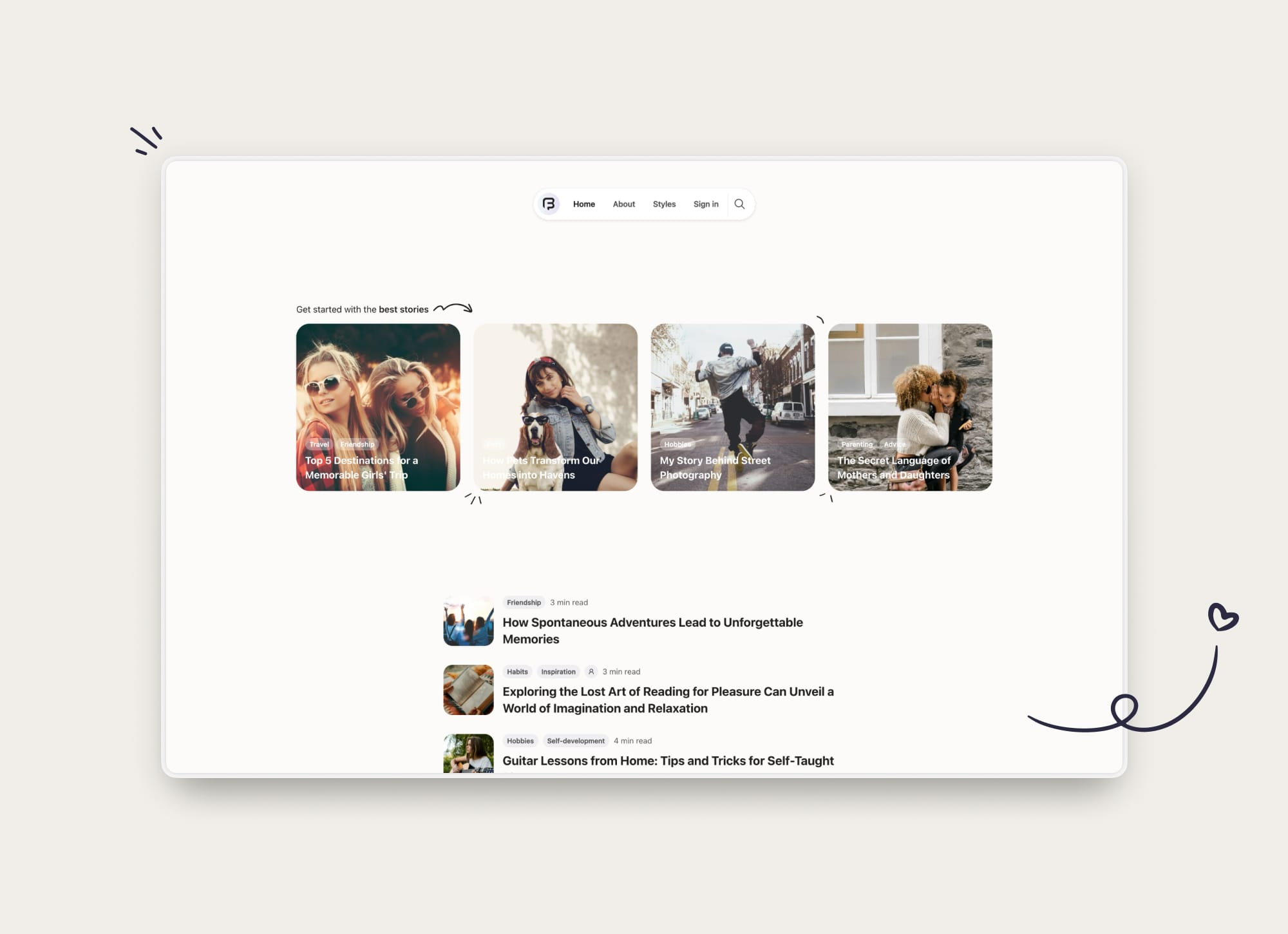 Homepage layout of FineBits Ghost theme