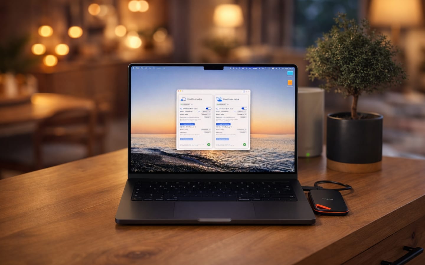 Warm home office setup with MacBook on wooden desk and blurred background